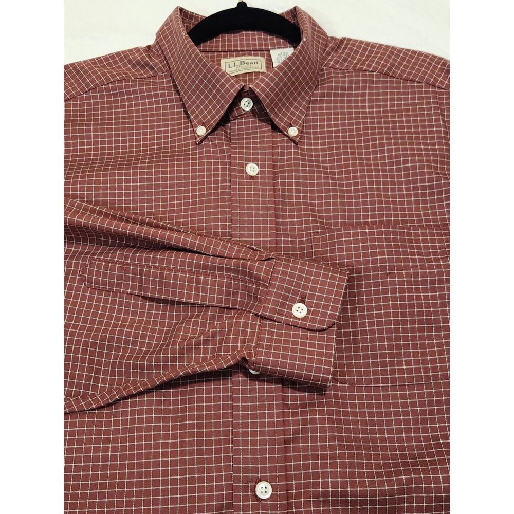 Vintage L.L. Bean Long Sleeve Button Down Shirt Burgundy Plaid LargeTall‎